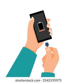 Hand charging smartphone with low battery level using USB cable port