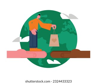 From hand to hand. Charity activities around world. Work of volunteers in different countries. Helping those in need. Male character gives package with charity