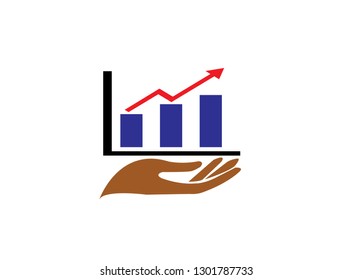 hand and chart bar arrow for statistics and trading market for logo design