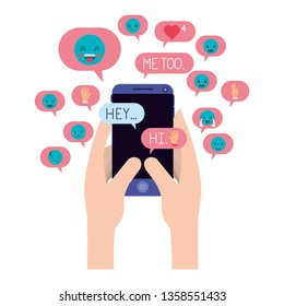hand chatting with smartphone sending emojis