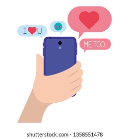 hand chatting with smartphone sending emojis