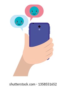 hand chatting with smartphone sending emojis