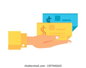 hand with check banknote paper vector illustration design