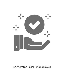 Hand with check mark, best choice, quality control, approved grey icon.