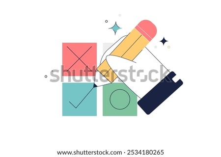 Hand check mark. Hand with a pen marking a checkmark glyph. Approval symbol for mobile concept and web design. Flat Cartoon Vector Illustration, icon. Stylish colorful, abstract