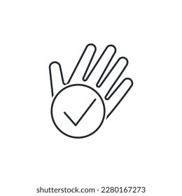 Hand with check mark. Personal choice, approval. Vector linear icon isolated on white background.