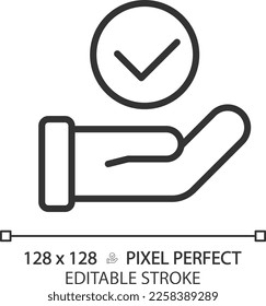 Hand with check mark pixel perfect linear icon. Palm holding tick. Making right decision. Choice approvement. Thin line illustration. Contour symbol. Vector outline drawing. Editable stroke