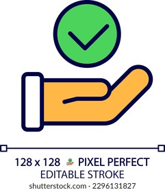 Hand with check mark pixel perfect RGB color icon. Palm holding tick. Making right decision. Choice approvement. Isolated vector illustration. Simple filled line drawing. Editable stroke