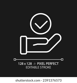Hand with check mark pixel perfect white linear icon for dark theme. Palm holding tick. Making right decision. Thin line illustration. Isolated symbol for night mode. Editable stroke