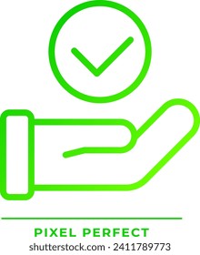 Hand mit Markierungszeichen Pixel perfekte Farbverlauf-Linear-Vektorsymbol. Richtige Entscheidung treffen. Wahlbeteiligung. Dünnlinienfarbensymbol. Modernes Piktogramm. Vektor-einzelne Rahmenzeichnung