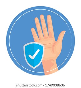 Mano con marca de verificación diseño de protección, Desinfecta antibacterianos limpios y tema de higiene Ilustración vectorial