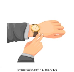 Hand Check Wristwatch. Office Man Checking to Time in Business. Concept illustration in Cartoon style vector isolated on White Background