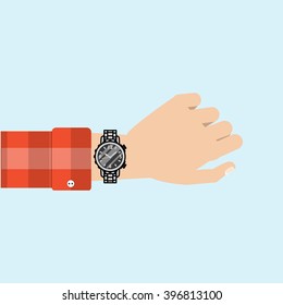 Hand in a checkered red shirt with metal wristwatch. Men's fashion accessory. Casual outfit. Flat vector illustration style. 