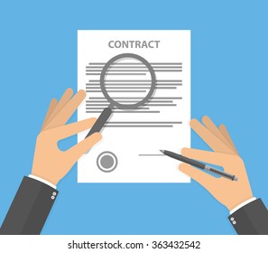 Hand checking contract with a magnifying glass on a table before signing. Contract inspection concept. Hands holding magnifying glass and pen over a contract. Flat design