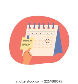 Hand checking the schedule on the desk calendar. flat vector illustration.