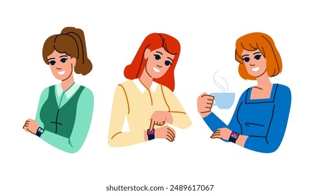 hand checking time woman  vector.  wrist business, girl female, late looking hand checking time woman character. people flat cartoon illustration