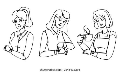 mão verificando o tempo mulher vetor. negócio do pulso, menina feminina, mão tarde olhando mão verificando o tempo mulher personagem. pessoas linha preta lápis desenho ilustração