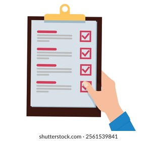 Hand with checklist. Hand holding and completing checklist on clipboard. Business concept. Clipboard with checklist icon. stock illustration