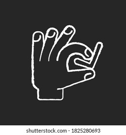 Hand with checkmark chalk white icon on black background. Select option. Quality rating. Customer approval. Right answer. Confirmation tag. Client satisfaction. Isolated vector chalkboard illustration