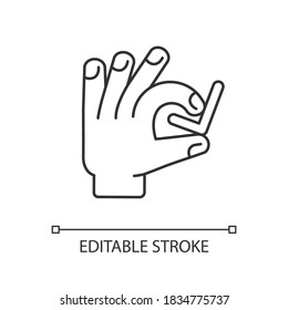 Hand mit linearem Markierungssymbol. Option auswählen. Qualitätsbewertung. Genehmigung durch den Kunden. Richtige Antwort. Dünne, anpassbare Illustration. Contour-Symbol. Vektor-einzelne Rahmenzeichnung. Bearbeitbarer Hub