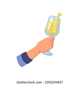 Hand cheers with white wine or champagne, splashes from glass. Winery beverage romantic alcohol drink, birthday party or holiday event celebration. Hand holding glass of wine