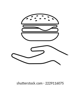 Hand and cheeseburger line icon. Serving of hamburger topped with cheese. Vector Illustration