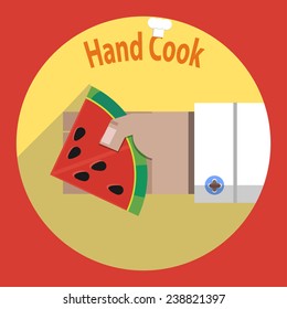 Hand chef  with a half of watermelon. Vector illustration