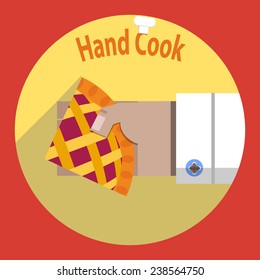 Hand chef with a piece of apple pie. Vector illustration