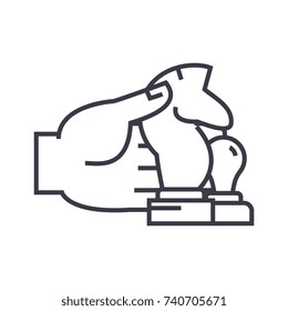 hand with chess figures linear icon, sign, symbol, vector on isolated background