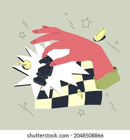Hand with chess knight vector illustration. Chess piece, comic bubble, checkerboard, and some coins over grey background. Flat and line design.