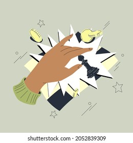 Hand with chess pawn vector illustration. Board Game concept. Chess piece over the checkerboard.