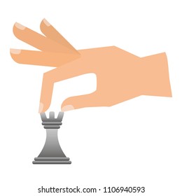 hand with chess piece tower isolated icon