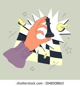 Hand with chess queen vector illustration. Chess piece, comic bubble, checkerboard, and some coins over grey background. Flat and line design.