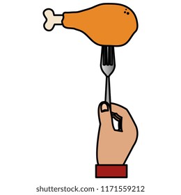 hand with chicken thigh in fork