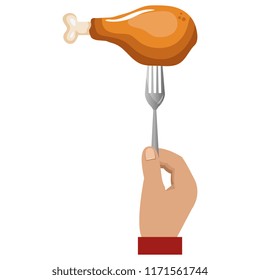 hand with chicken thigh in fork