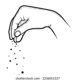 Hand of chief-cook powdering a dish with condiment, pinch of salt, spice or seasoning, pinched fingers, vector