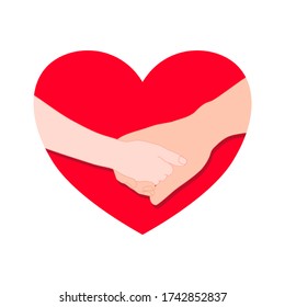 hand of child is gentle holding the hand of the dad with love and happy in the red heart shape. Family stay together. Holiday spending time. love and give concept.