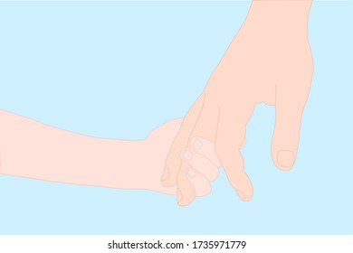 hand of child is gentle holding the finger of the dad with love and happy on the blue background. Family stay together. Holiday spending time. 