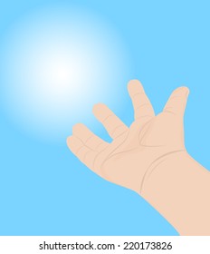 Hand of a child on a blue background reaches to light