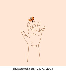 Hand of  child with  palm extended vertically upwards holds  ladybug on his finger. Vector illustration on a peach background. Concept of childhood, openness to the world, love for nature.