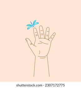 Hand of  child with palm extended vertically upwards holds  blue dragonfly on his forefinger. Vector illustration on  peach background. Concept of childhood, openness to the world, love for nature.