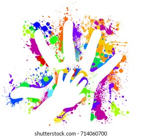 Hand of a child in the parent of a colored print. Vector