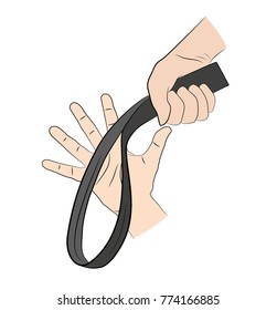 the hand of the child and the hand of the parent with the strap. Vector illustration. Vector illustration. Isolated on white background. The concept of punishment of children