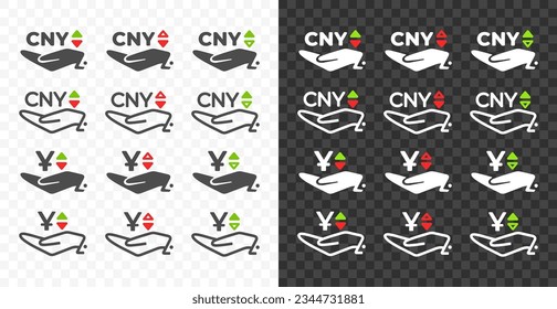 Hand and Chinese yuan, CNY with up and down arrow currency exchange rate vector design. Foreign currencies and exchange rates value graphic design. Currency trade chart icons