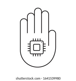 Hand with chip implant icon. Line art electronic technology logo. Black simple illustration. Contour isolated vector image on white background. Microchip in palm. Mobile computer in human body