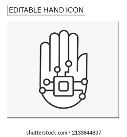  Mano con icono de línea de chip.. Tecnología moderna. Microchip. Concepto futurista.Hand. Ilustración vectorial aislada. Trazo editable