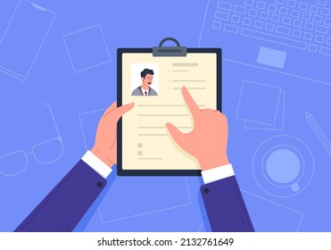 Hand choice cv. Employee evaluation, recruitment people for job, paper resume candidate, hr management, curriculum interview opportunity business career, vector illustration. Cv choice by company