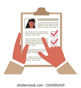Hand choice cv.Paper resume candidate girl.Employee evaluation.Recruitment people for job.Concept human resources.Hiring and recruitment.Isolated on white background. Vector flat illustration.