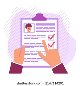 Hand choice cv.Paper resume candidate.Employee evaluation. Recruitment people for job. Concept human resources.Hiring and recruitment.Isolated on white background. Vector flat illustration.