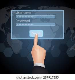 Hand Choose enter "Login" on virtual screen. vector